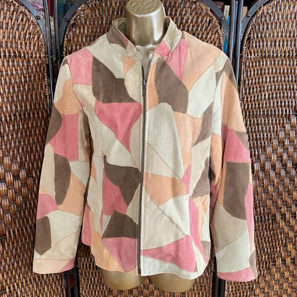 Size L//Vintage 90s Pink Patchwork Suede Leather Jacket - Picture 1 of 5